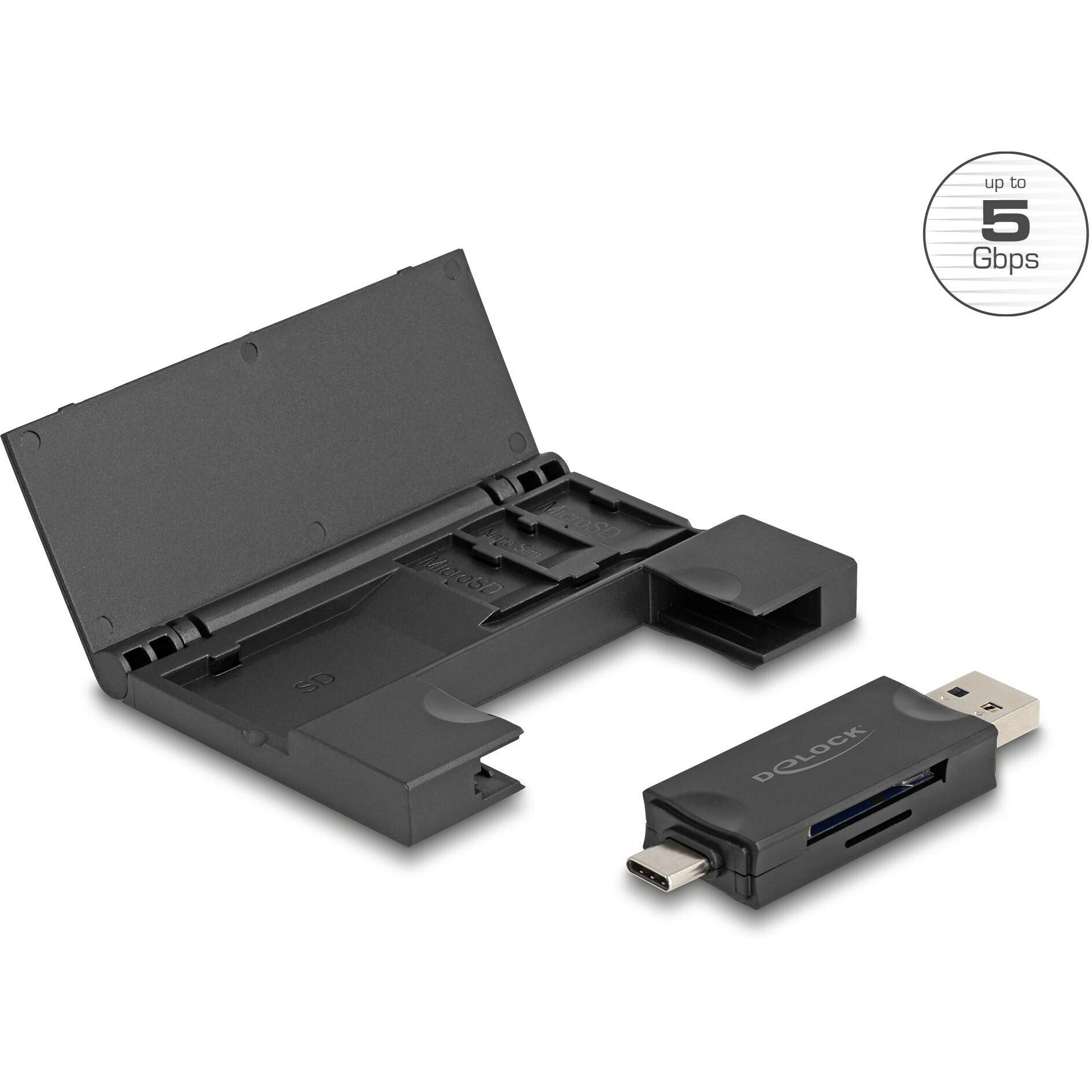 Delock Lettore di schede USB 5 Gbps USB Type-C / Type-A per SD e (USB-C 3.2 Gen 1), Lettore di schede di memoria, Nero