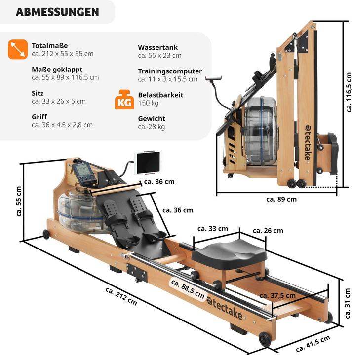 Produktbild tectake Holzrudergerät Titan klappbar, ergonomisch, 150kg belastbar