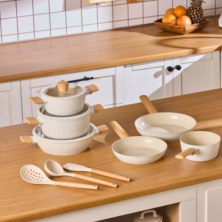 Karaca Swiss Crystal Almond Cream 12-Piece Cookware Set (Frying pan, Saucepan, Aluminium)