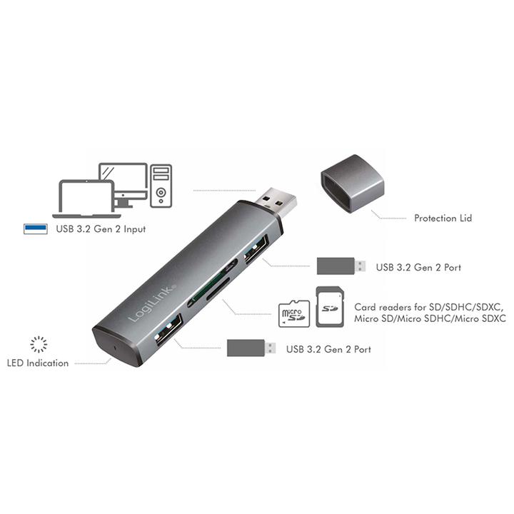 Produktbild LogiLink Cardreader USB 3.2 Hub 2-port grey (USB-A, 4 Ports)