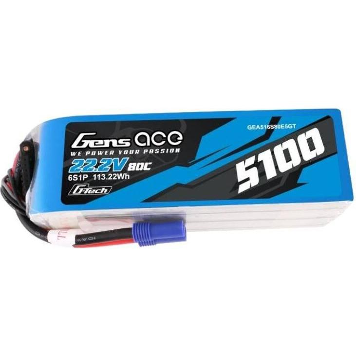 Gens Ace G-Tech 5100mAh 80C 22.2V 6S1P Lipo Battery Pack with EC5 plug (22.20 V, 5100 mAh)