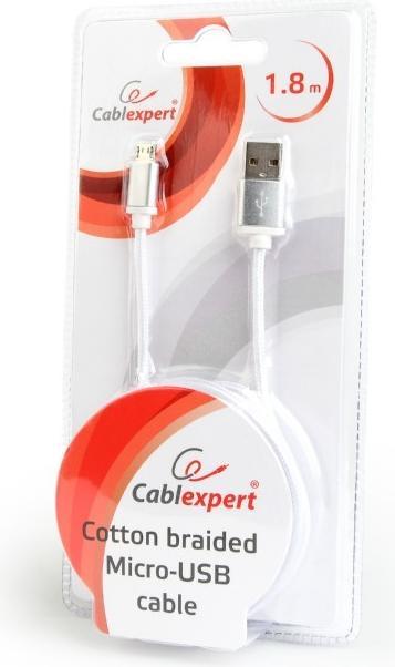Produktbild Gembird ! Baumwolle geflochtenes Micro-USB-Kabel / 1,8 m / Silber (1.80 m, USB 2.0)