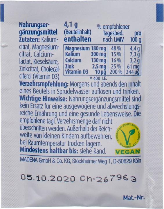 Valeurs nutritives et ingrédients Madena BasenCitrate pur d'après le pharmacien Rudolf Keil, sachets-portions, 60 pcs. Sachets (60 pièce(s), Beutel, 4.10 g)