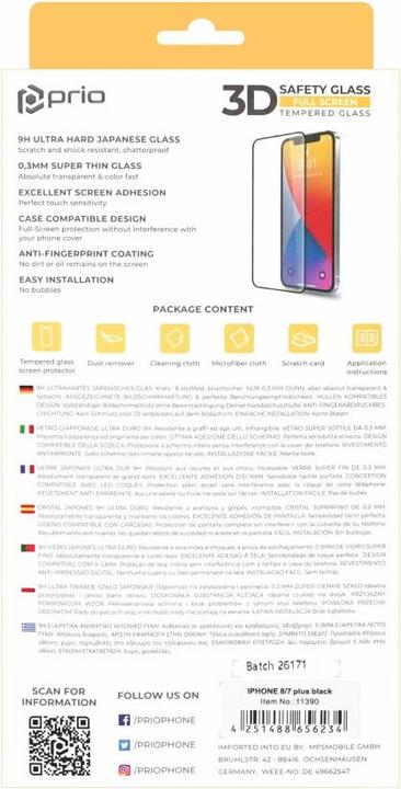 Immagine prodotto prio Vetro protettivo 3D per iPhone 8 Plus/7 Plus nero (1 pz., Apple iPhone 7 Plus, Apple iPhone 8 Plus)