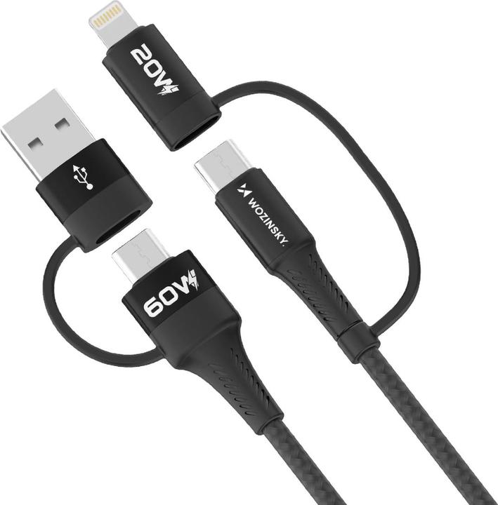 Produktbild Wozinsky WNBAA 4in1 Kabel 2x USB-C 1x USB-A 1x Lightning 60W 1 m - Schwarz (1 m, USB 2.0, 60 W)