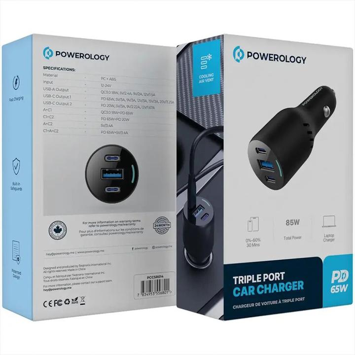 Produktbild Powerology PD65W + PD20W + QC18W LED Triple Ports Car Charger