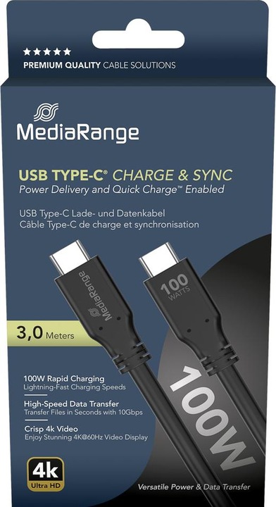 Produktbild MediaRange Lade- & Datenkabel USB-C E-Mark-Chip 10Gbit/s 3m (3 m, USB 3.2)