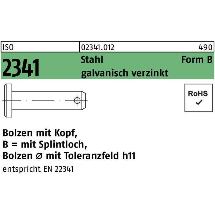 Schweissgerät Zubehör, Bolzen DIN 1444/ISO 2341 m.Kopf/Splintloch B 8 x 24/20,5 Stahl galvanisch verzinkt