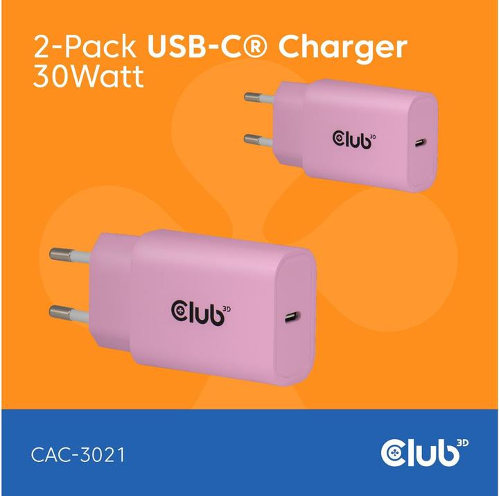 Actual product image Club 3D Club3D Lifestyle Ladegerät USB-C 30Watt, 2Stk pink retail (30 W, 1 portion)