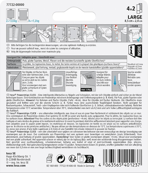 Immagine prodotto tesa Powerstrips CLICK - Cuscinetti adesivi in velcro - Appendi quadri senza forare - Grande 7,2kg - 4 x (7.20 kg)