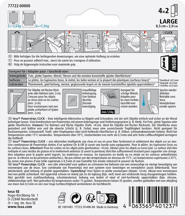 Immagine prodotto tesa Powerstrips CLICK - Cuscinetti adesivi in velcro - Appendi quadri senza forare - Grande 7,2kg - 4 x (7.20 kg)