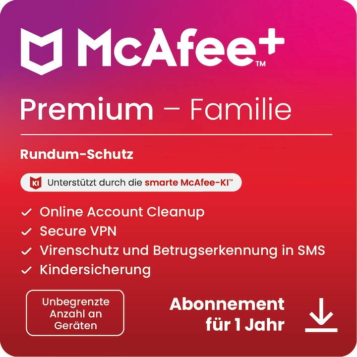 McAfee + Premium Familie (Unbegrenzte Anzahl von Geräten) (1 User, 1 Geräte/User, 12 Monate)