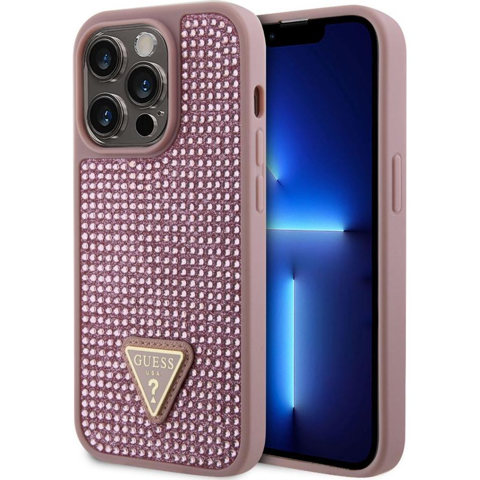Guess Rhinestones Triangle Metal Logo Case for iPhone 15 Pro Pink (Apple iPhone 15 Pro), Smartphone Hülle, Rosa