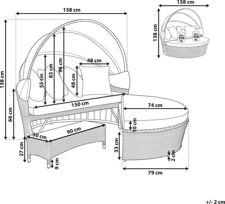 Produktbild Beliani Sonneninsel Rattan grau Sonnendach cremeweiss SYLT LUX