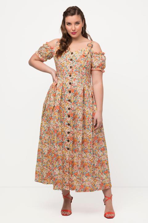 Actual product image Ulla Popken Floral Print Off The Shoulder Button Front Dress (50)