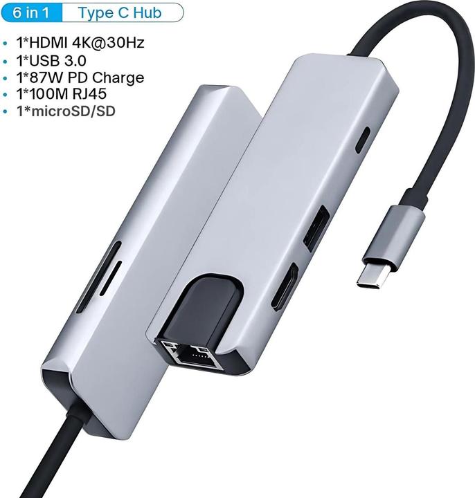 Produktbild Hermex Dockingstation Multi USB-Hub USB-C 6in1 USB-A 3.0 HDMI 4K microSD/SD RJ45 (USB-C, 6 Ports)