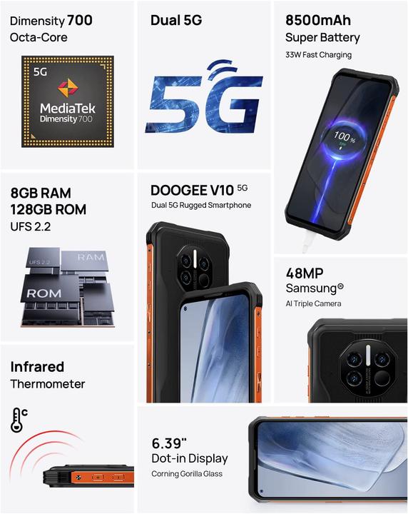 Produktbild Doogee V10 5G (128 GB, Golden Orange, 6.39", Dual SIM, 5G)