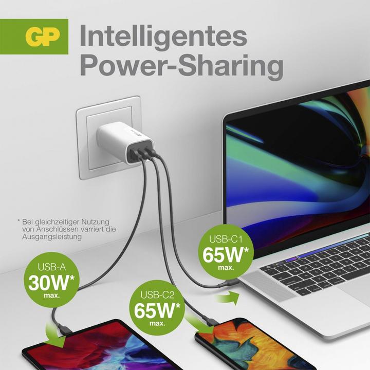 Image du produit GP Batteries GP GaN Adaptateur de charge rapide USB 65W PD 2xUSB-C & 1xUSB-A blanc (65 W)