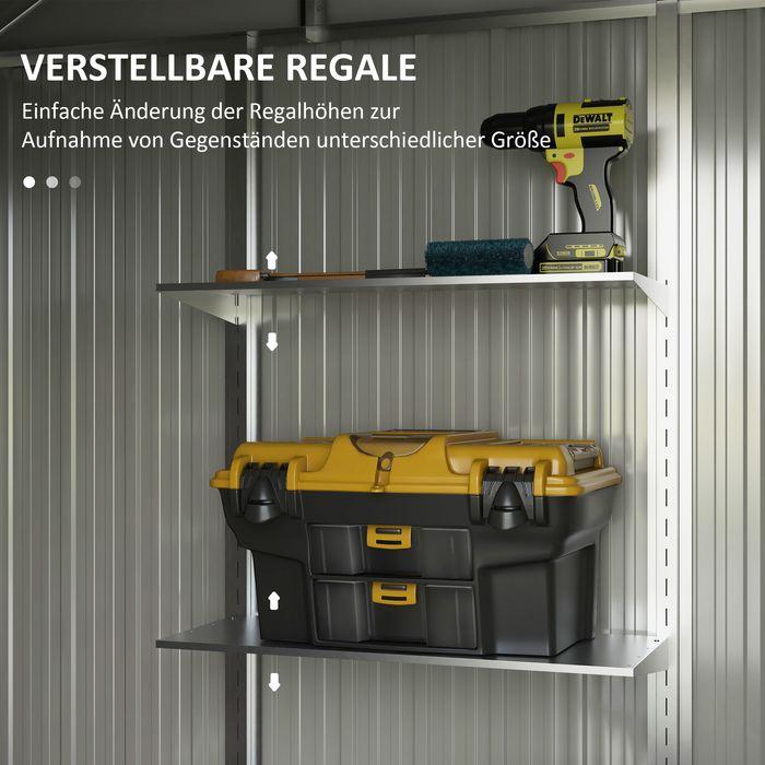 Actual product image Swisshandel24 Gerätehaus Stahl 2,7m² UV-Schutz 2 Schiebetüren Regal Fundament Dunkelgrau 238x132x198,5cm