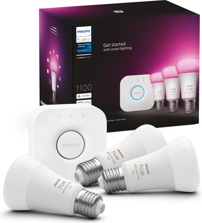 Produktbild Philips Hue Starter-Kit (E27, 9 W, 1100 lm, 3 x, F)
