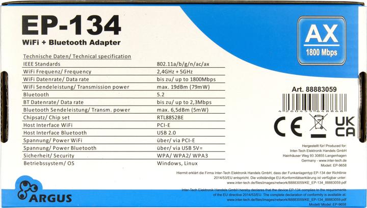 Nährwerte und Zutaten Intertech Wi-Fi 6 PCIe Adapter EP-134 Antenne,Bluetooth 5.2 (PCIe)