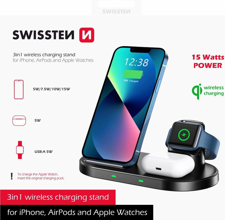 Productafbeelding Swissten Draadloze oplader 3 in 1 standaard zwart voor Apple en Samsung (horlogekabel niet inbegrepen) (15 W)