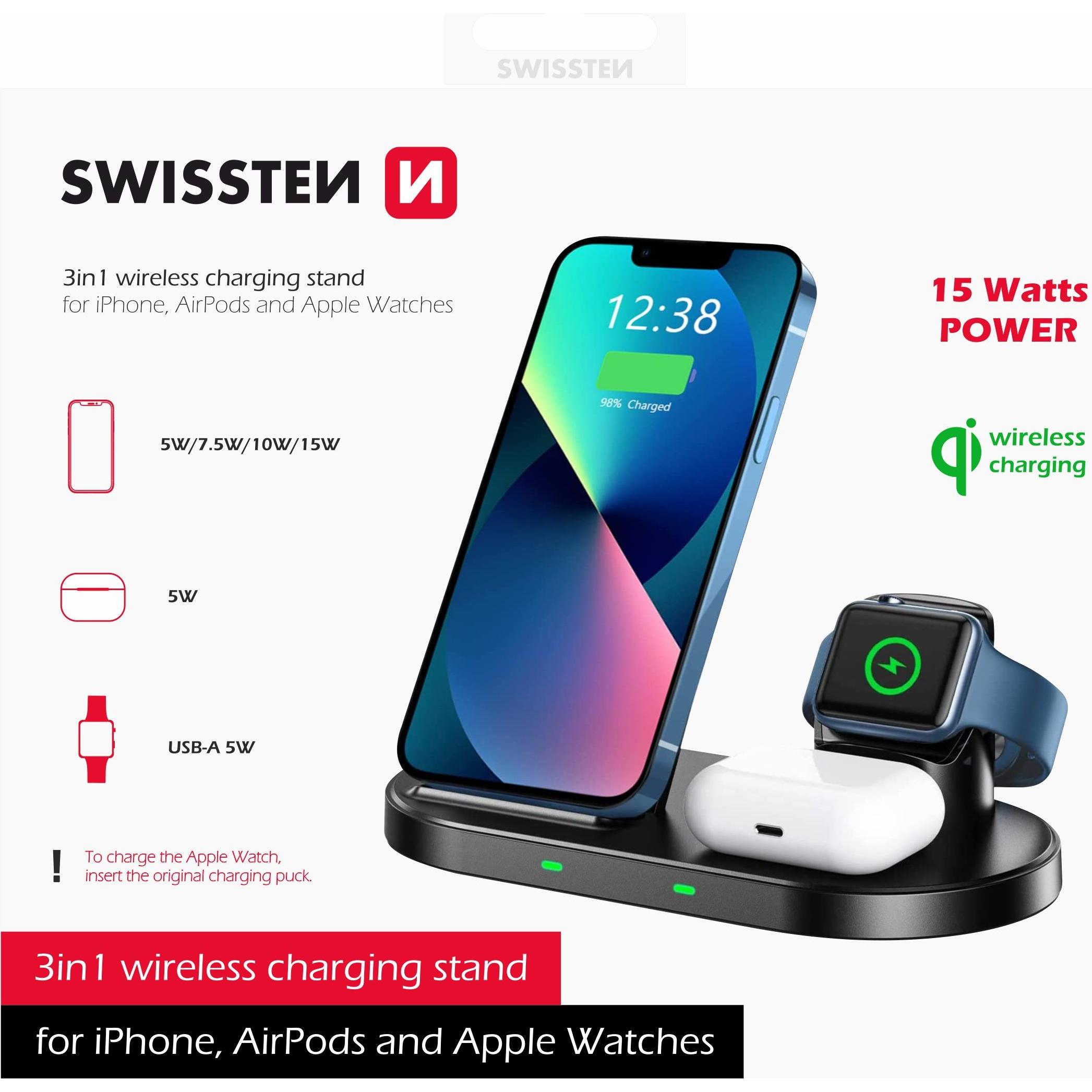 Swissten Wireless Charger 3 in 1 Stand Black for Apple and Samsung (watch cable not included) (15 W), Wireless Charger, ...