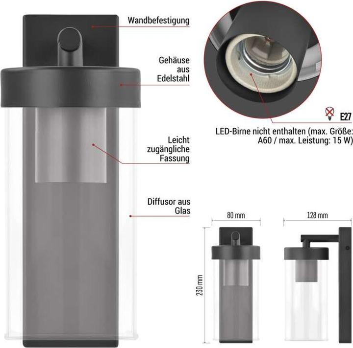 Image du produit Emos LED GARDEN LIGHT,E27,IP44,MAX 15W,WALL MOUNTED (E27, IP44)