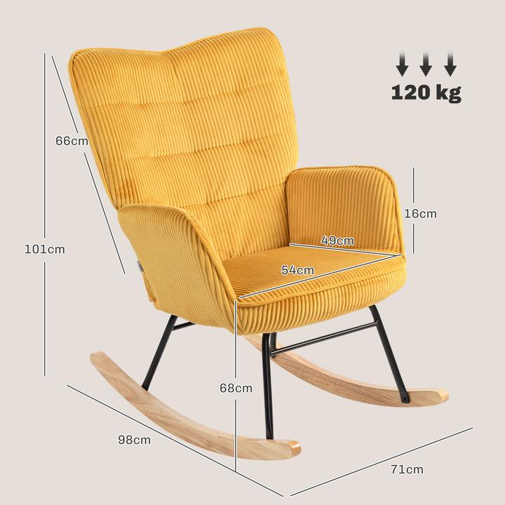 Image du produit Homcom Schaukelstuhl Kord (100% Polyester), Buchenholz, Stahl, Schaumstoff Gelb