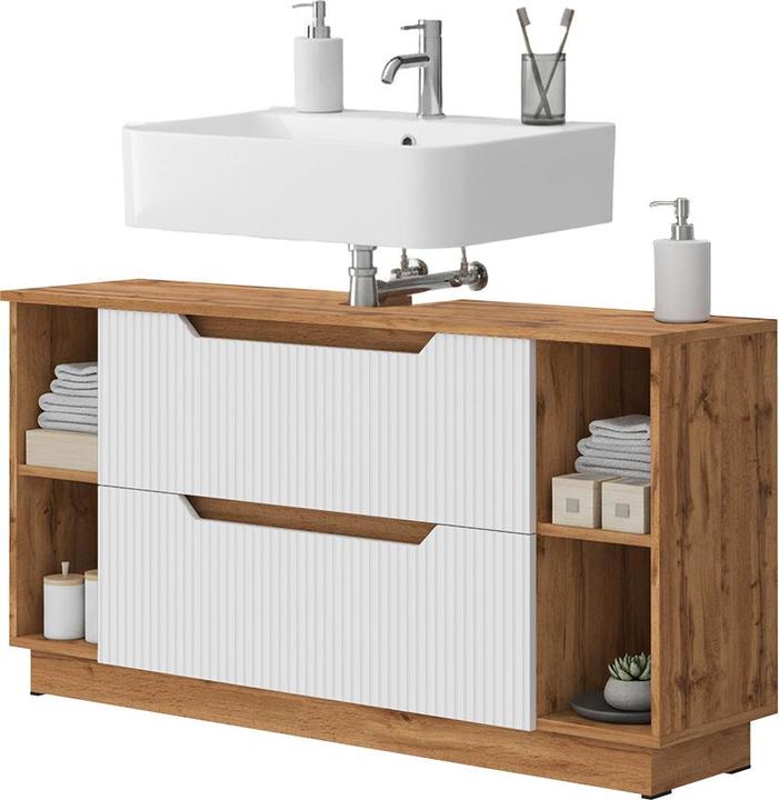 Actual product image Vicco Waschbeckenunterschrank Lotta, Eiche/weiss gestreift, 119.2 x 62.5 cm mit 2 Schubladen (119.20 x 32 x 62.50 cm)