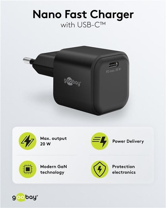 Produktbild Goobay USB-C PD GaN Schnellladegerät Nano 20 W schwarz (20 W, 1 Port)