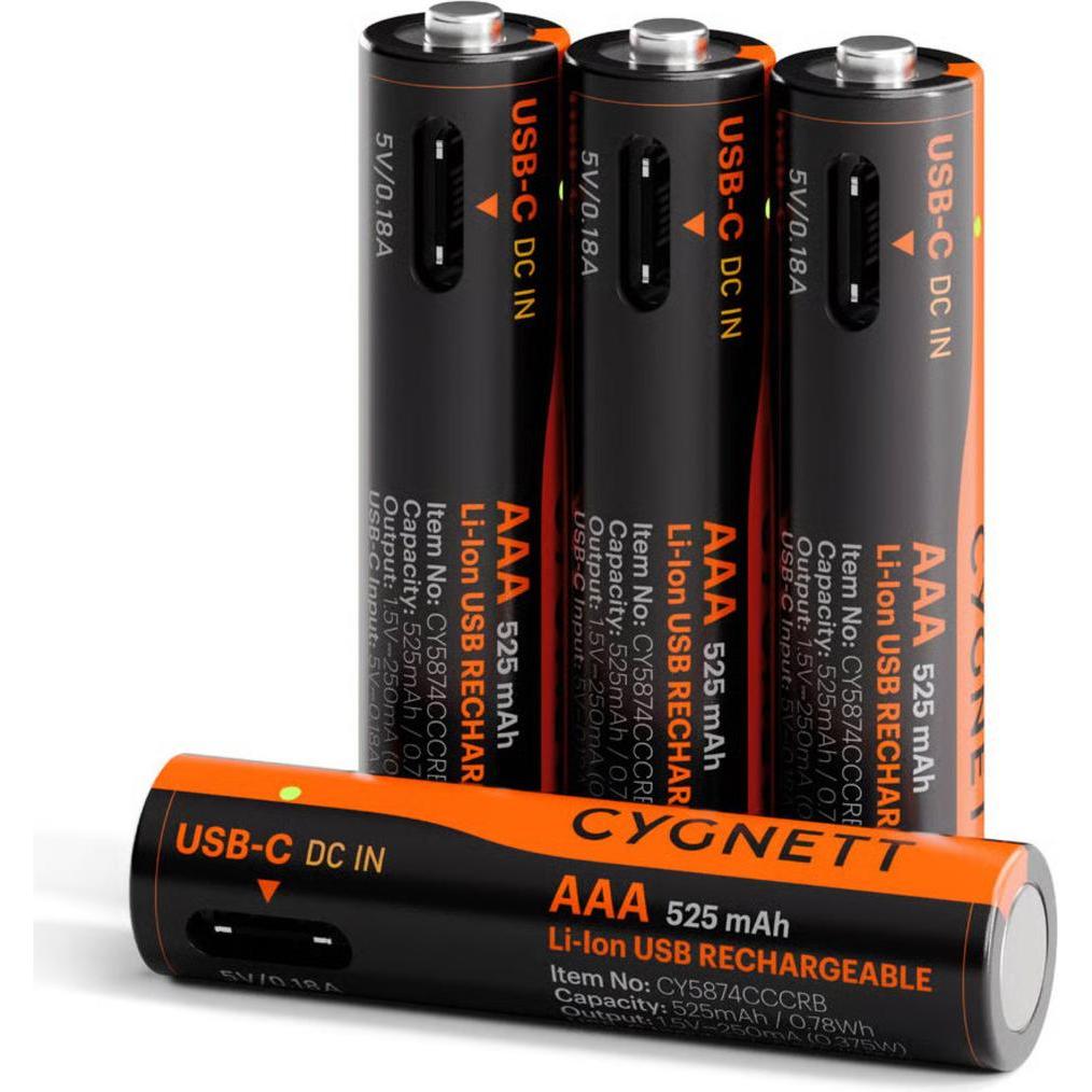 Cygnett AAA USB-C Rechargeable Battery - 4 Pack - Black (4 pz., AAA, 525 mAh), Batterie + pile