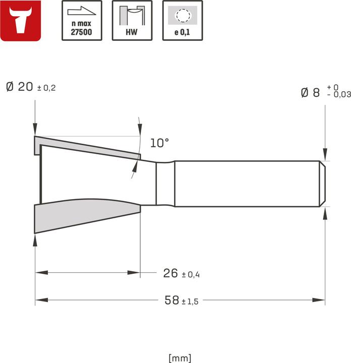 Produktbild Stier Zinkenfräser HW 8 mm Durchmesser 20mm NL26 mm 10 Grad