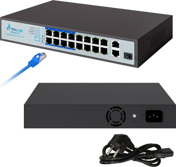Productafbeelding Extralink VIRTUS V3 Unmanaged L2 Fast Ethernet (10/100) Power over Ethernet (PoE) 1U (16 ports)