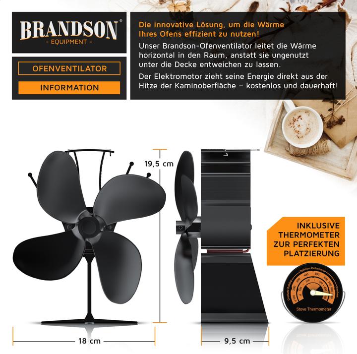 Produktbild Brandson Kaminventilator mit Thermometer für Holzöfen, 4 Flügel Rotorblatt 180mm Ø, Ofenventilator ohne Strom