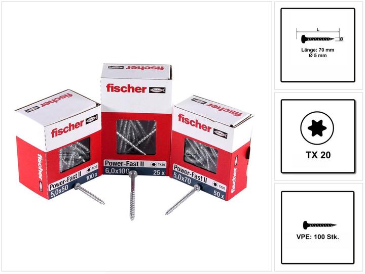 Produktbild Fischer Power-Fast II FPF II Spanplattenschraube 5,0x70 mm 100 Stück ( 670646 ) Pan Head mit Torx Vo (1 Schrauben pro Stück)