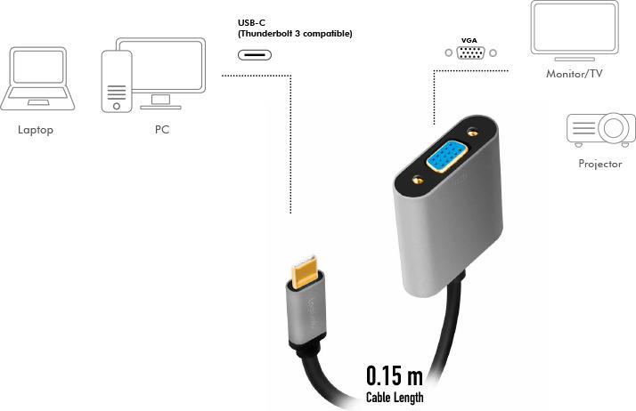Immagine prodotto LogiLink LinkLink CUA0104 Adattatore USB 3.2 Gen 1 C/M a VGA, 1080p/60Hz, alluminio, nero/grigio, 0,15 m (15 cm)