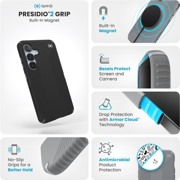 Produktbild speck Presidio2 Grip + Magnet Samsung Galaxy S25 Black - with Microban (Samsung Galaxy S24, Samsung Galaxy S25)