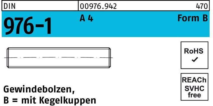 Produktbild Reyher Gewindebolzen DIN 976 m.Kegelkuppen BM 16 x 500 A 4 (5 Schrauben pro Stück)