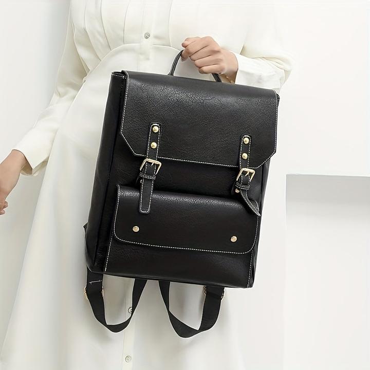 Produktbild Only-Bags.Store Vintage Schnalle Dekor Klappe Backpac, Preppy Style Schultasche, solide Farbe Laptop Daypack