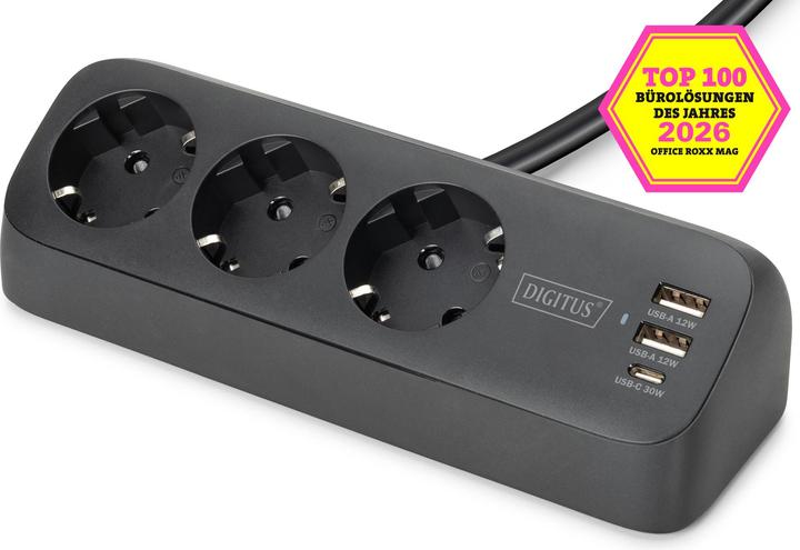 Actual product image Digitus 3-way office socket strip with 2x USB-A and 1x USB-C connections, black (3x, CEE 7/3, 1.50 m)