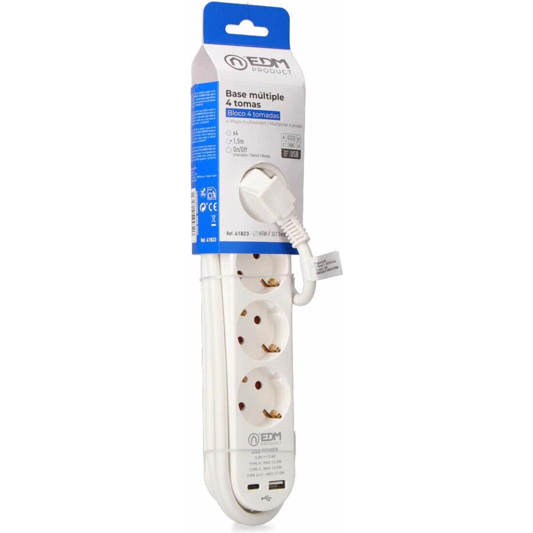 EDM, Ciabatta multipresa, Steckdosenleiste mit 4 Steckdosen mit Schalter 41823 Weiss 3680 W 250 V 30 W (1,5 m) (4x, CEE 7/3, USB-A, USB-C, 1.50 m)