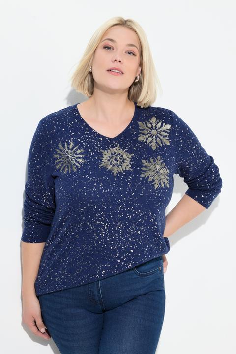 Produktbild Ulla Popken Sweatshirt, Metallic-Druck, V-Ausschnitt, Langarm (54, 56)