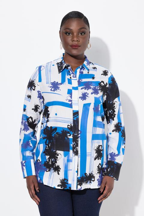 Produktbild Ulla Popken Lyocell-Bluse, grafisches Design, Hemdkragen, Langarm (60)