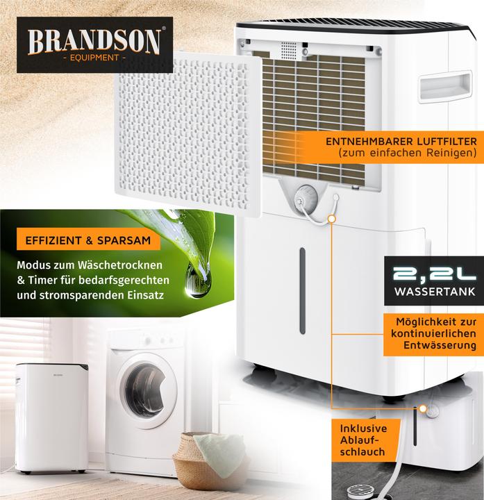 Produktbild Brandson Luftentfeuchter 20L/24h, 40m², Automatik, Timer, Ablaufschlauch, Wäschetrocknen, 2,2 l Tank, Rollen (40 m², 20 l/24h)