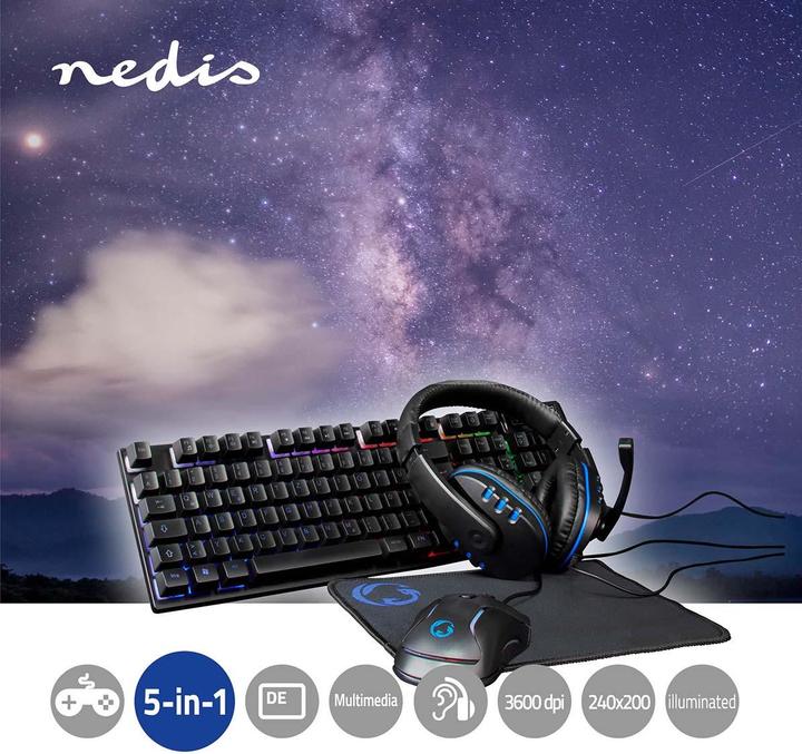 Productafbeelding Nedis Gaming Combo Kit | 5-in-1 | Toetsenbord, Headset, Muis en Muismat | Zwart | QWERTZ | DE-Layout (NL, Bedraad)