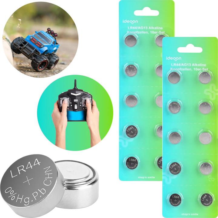 Produktbild Ideoon 20er-Spar-Set LR44 AG13 Alkaline Knopfzellen 1,5V Batterien, 145 mAh hohe Kapazität (20 Stk., A76 / LR44 / AG13 / L1154 / LR1154 / 157, 145 mAh)
