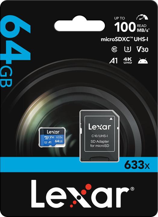 Image du produit Lexar MicroSDHC/microSDXC UHS-I U3 haute performance 633x (64 Go, microSDXC, U3, UHS-I)