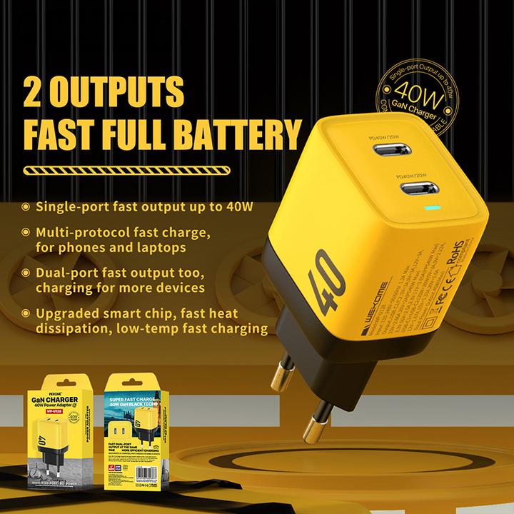 Actual product image Wekome Mains charger 2xUSB-C Super Fast Charger GaN (40 W)