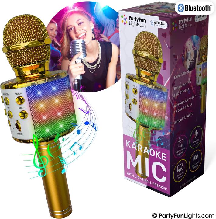 Immagine prodotto Toyrock Party Fun Lights - Microfono per karaoke con altoparlante - Oro (605602)